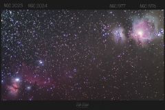 Orion konstelace - Flame & Horsehead mlhovina a Running man & M42 velka mlhovina v Orionu M42 